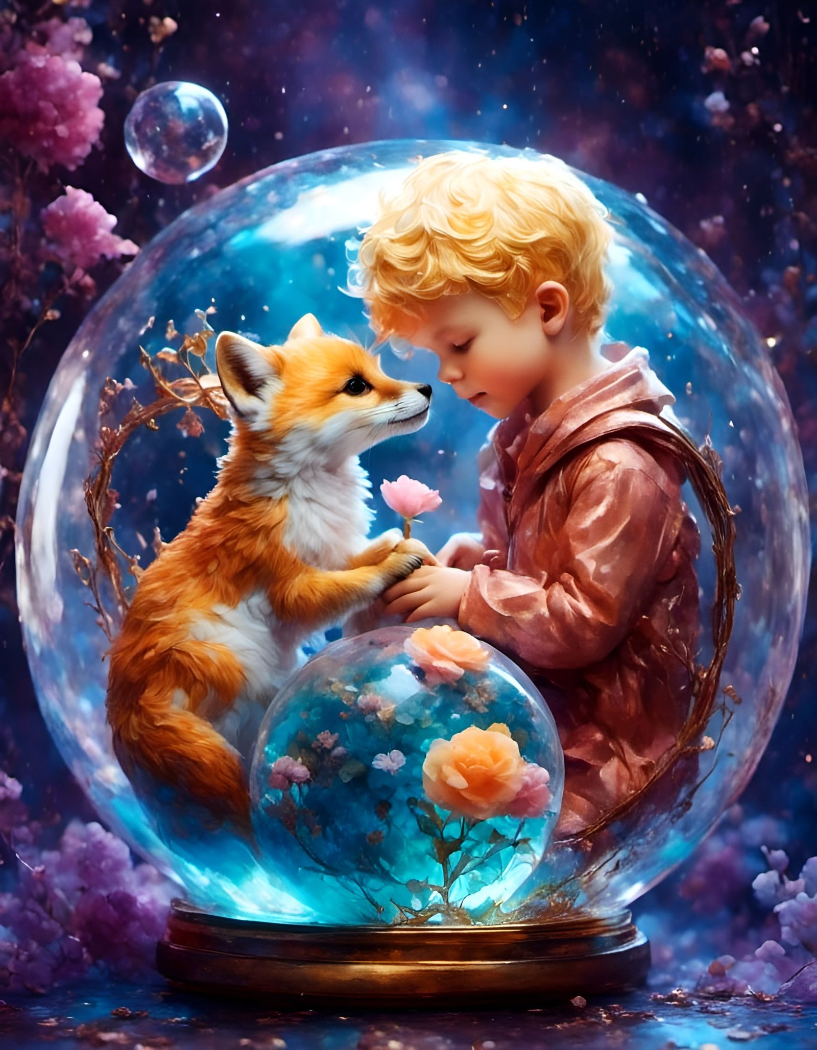 Chibi Little Prince and Fox with Rose, Pastel Drawing