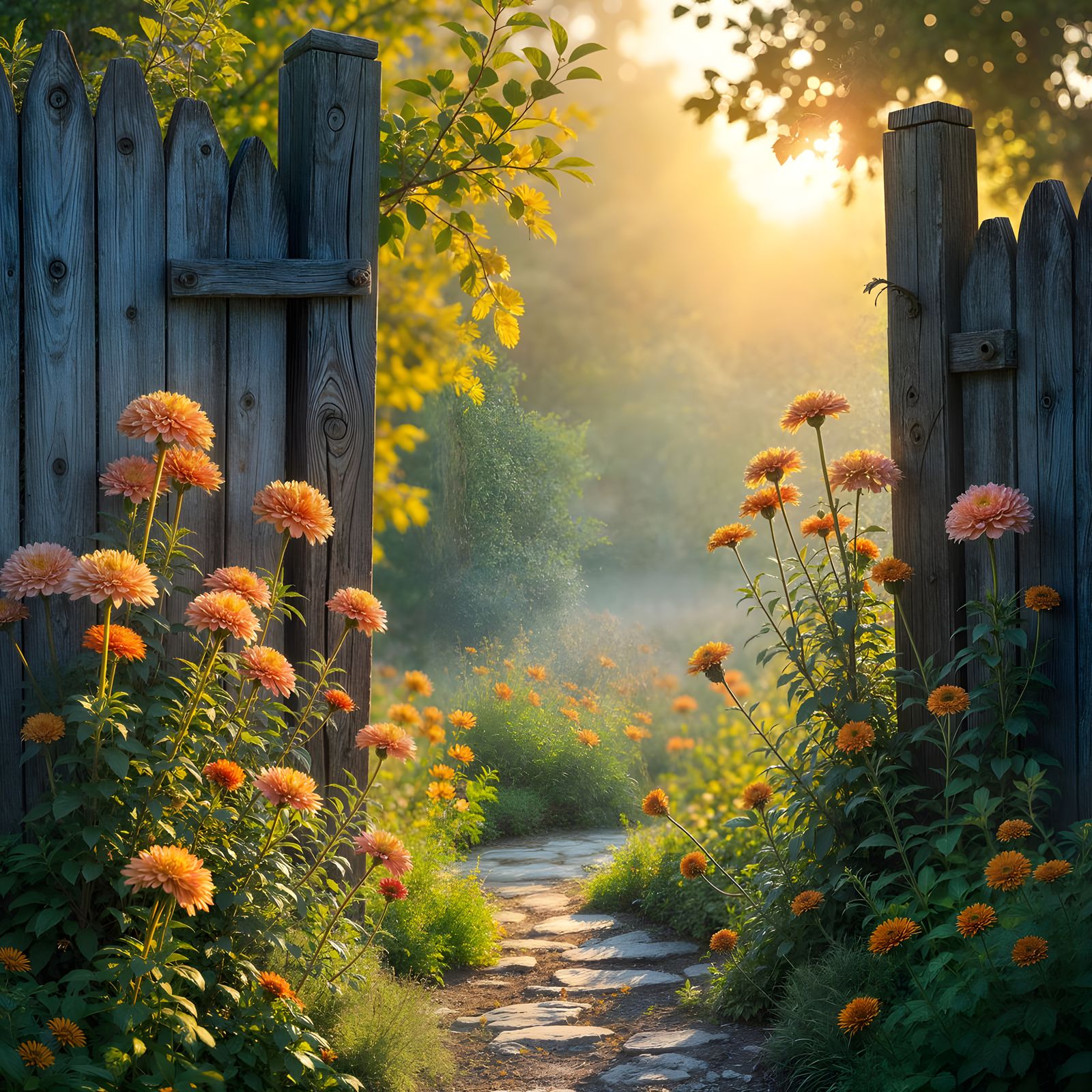 Autumn Flowers in Rustic Garden: Golden Hour Photography