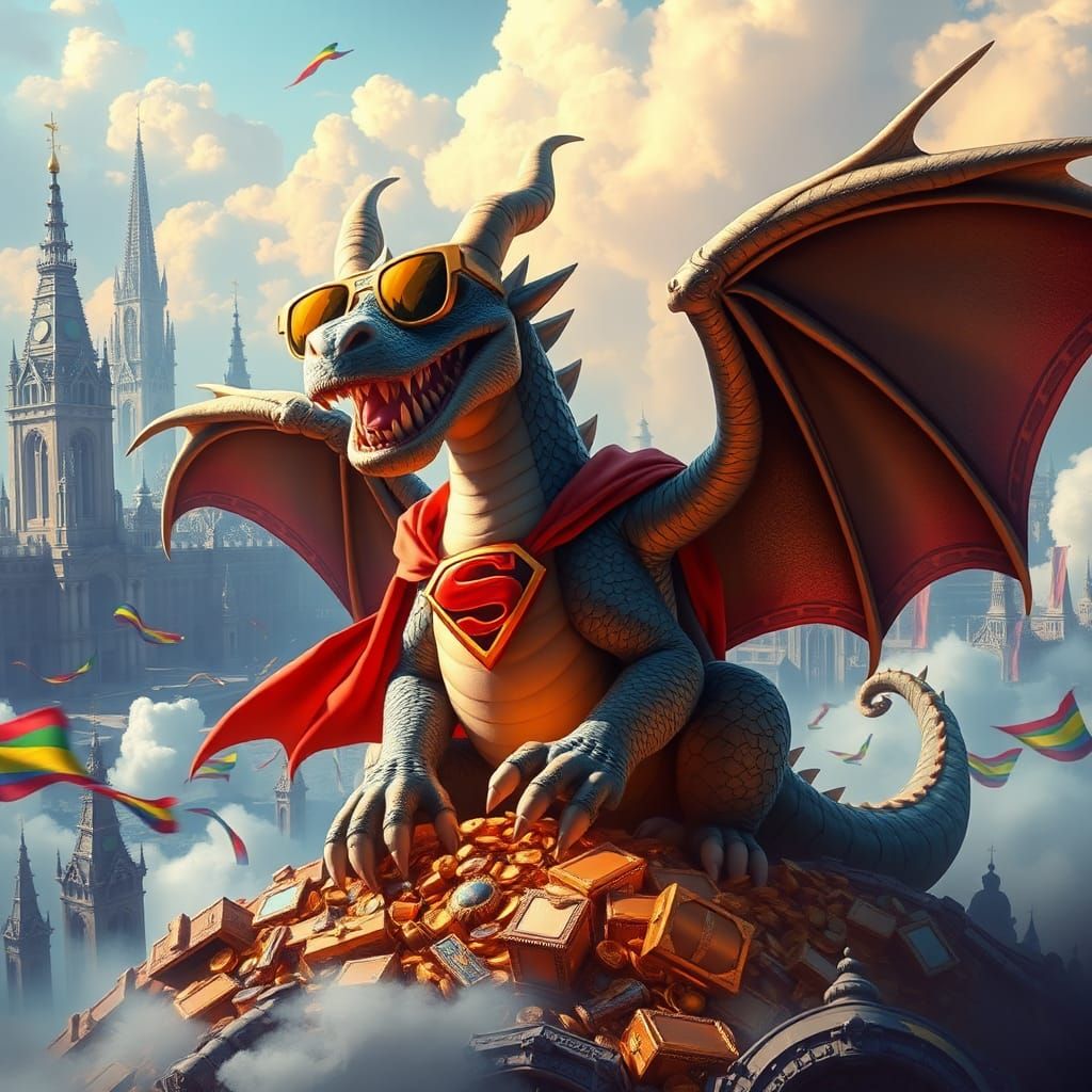 Laughing Dragon Superhero in Psychedelic Fantasy Realm