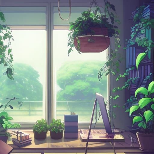 Lush Library in Anime Key Visual Style