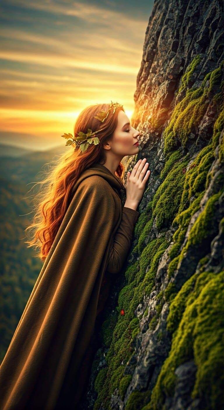 Ethereal Mountain Goddess Awakens in Sunrise Hues