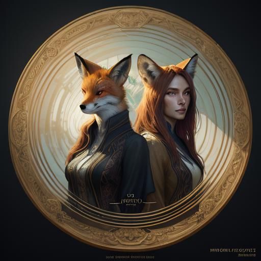 Girl and Fox in Mirror: Hyperdetailed Portrait