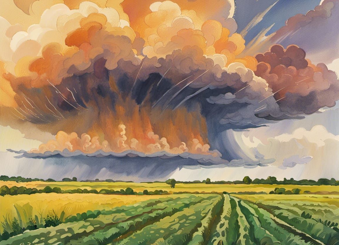 Cornfield Supercell Thunderstorm in Gouache Style