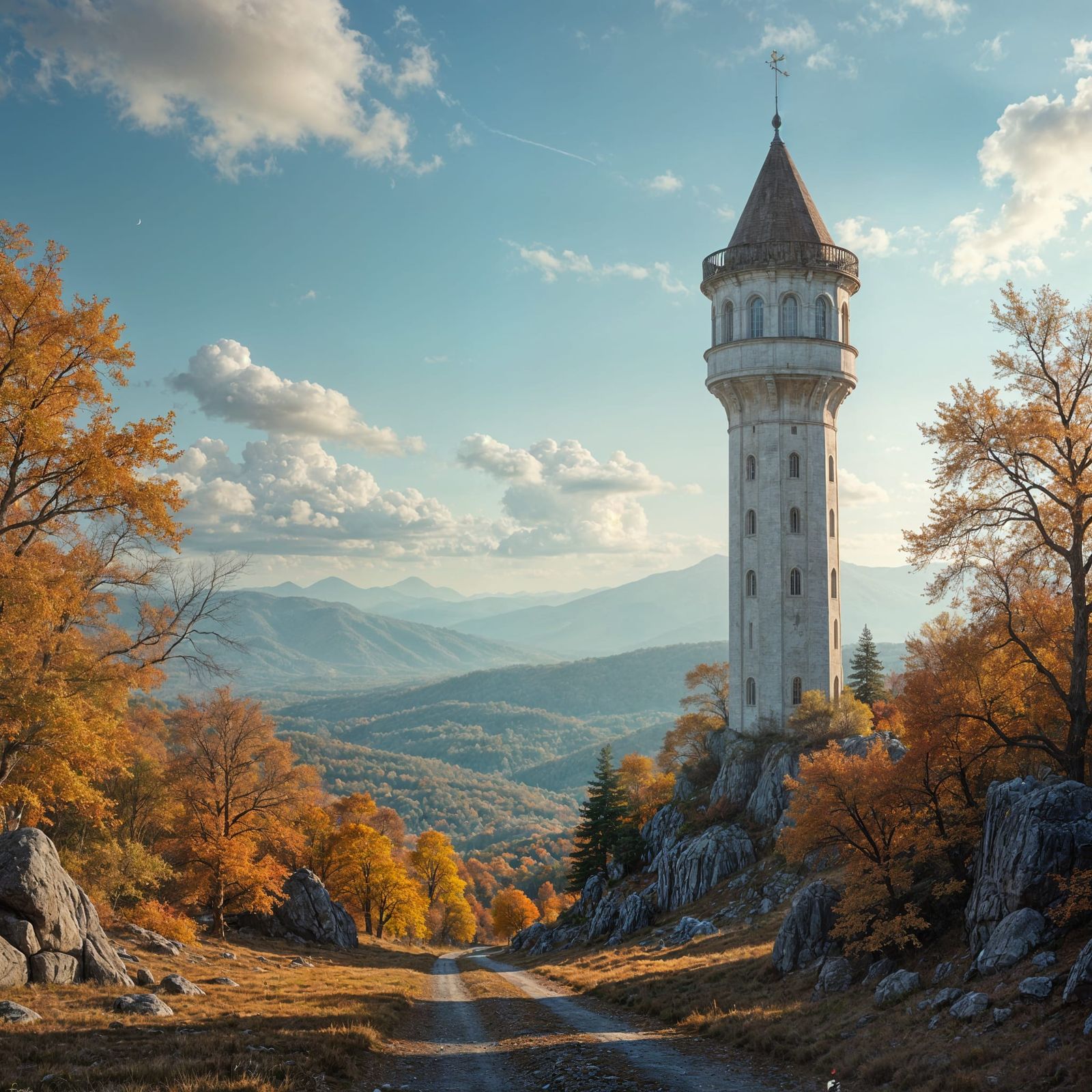 Fantasy Landscape with Distant White Tower under Stars