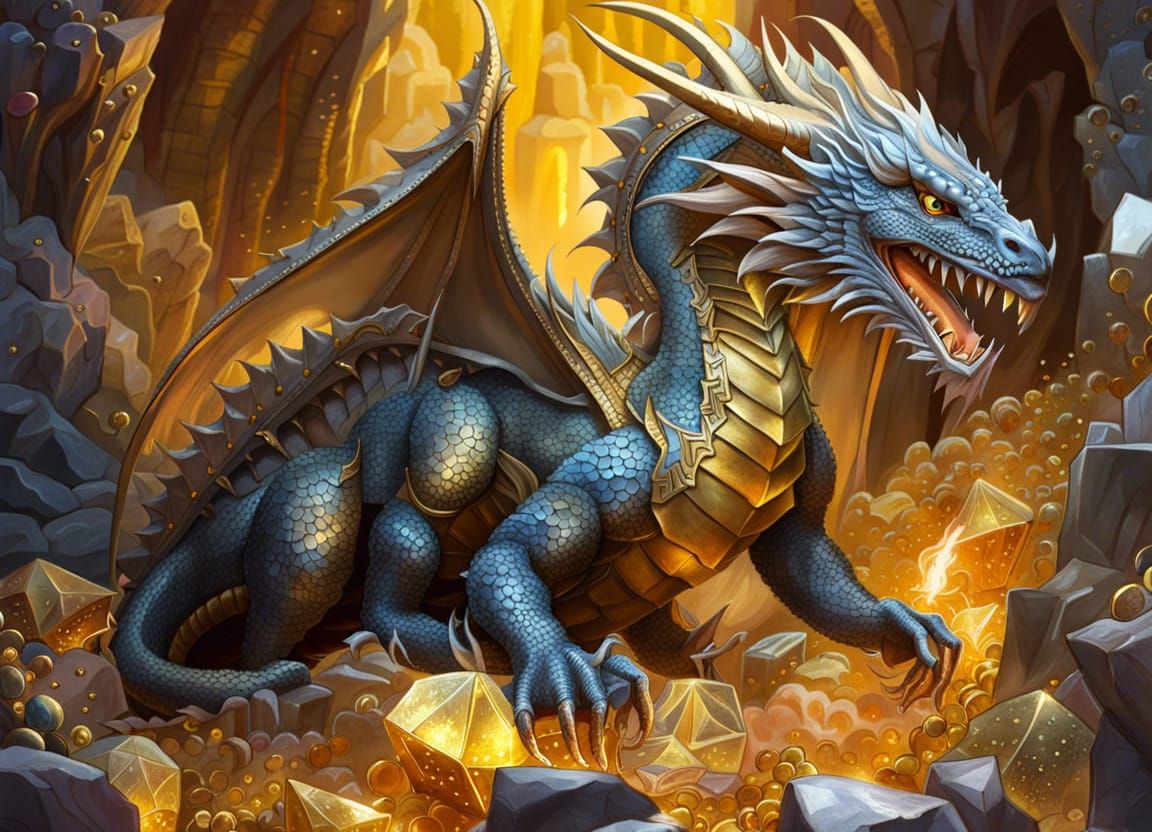 Dragon in Crystal Cave with Gold Treasure