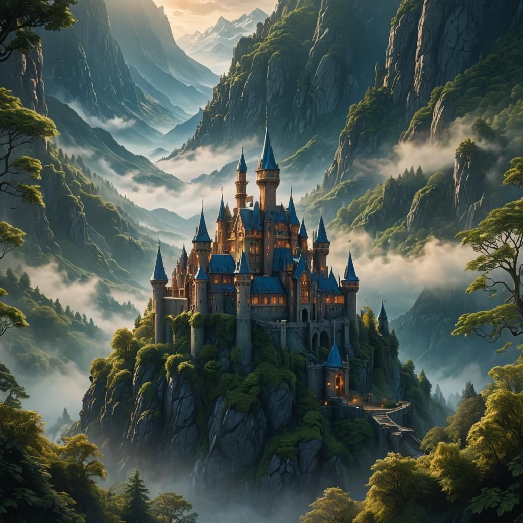 Magical Castle in Misty Mountains: Fantasy Concept Art
