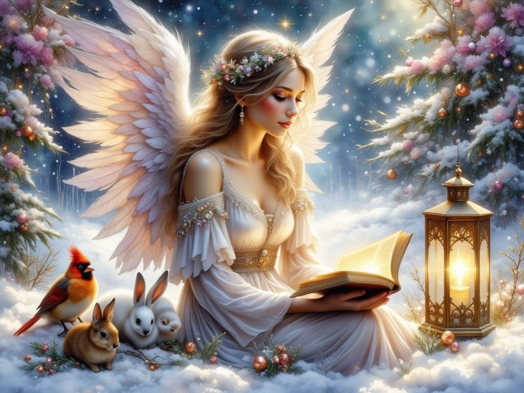 Christmas Angel Reads to Forest Friends in Winter Garden