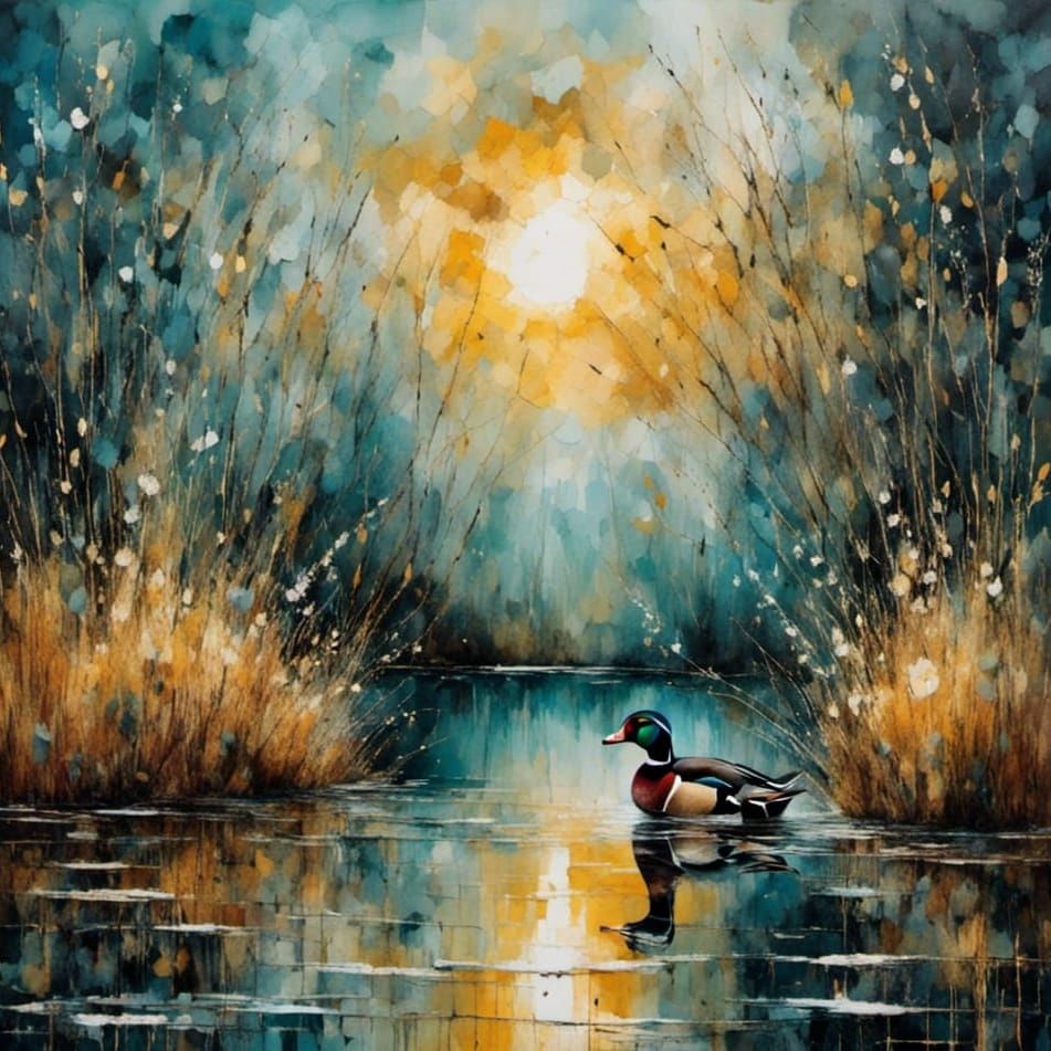 Wood Duck on Pond in Impasto Watercolor Style