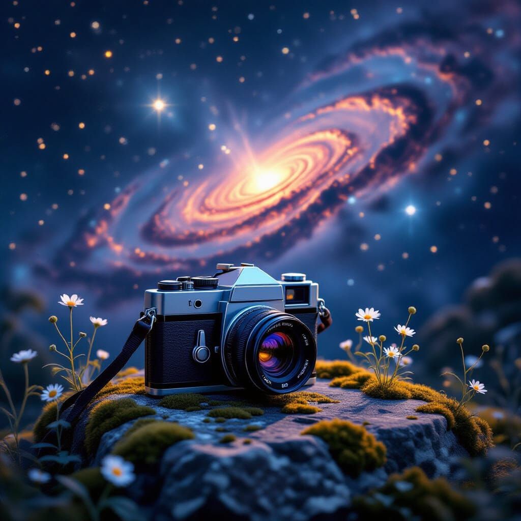 Antique Camera Reflects Cosmic Nebula on Mossy Stone