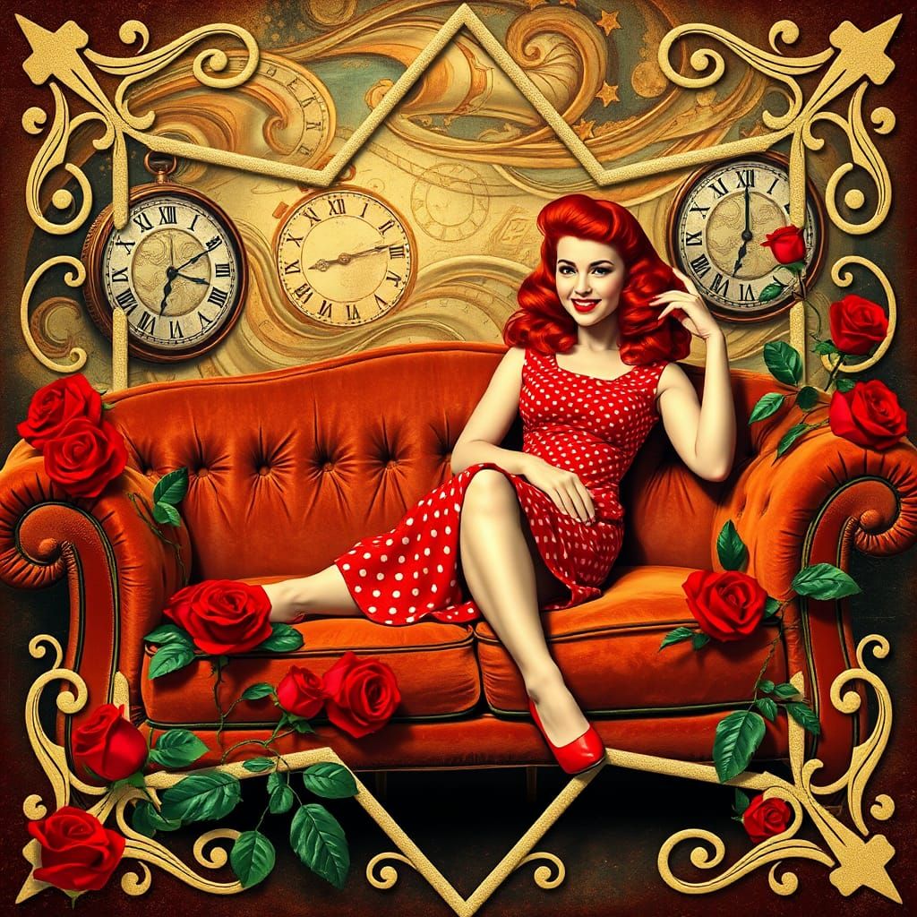 Surreal Pinup Girl with Melting Clocks and Roses
