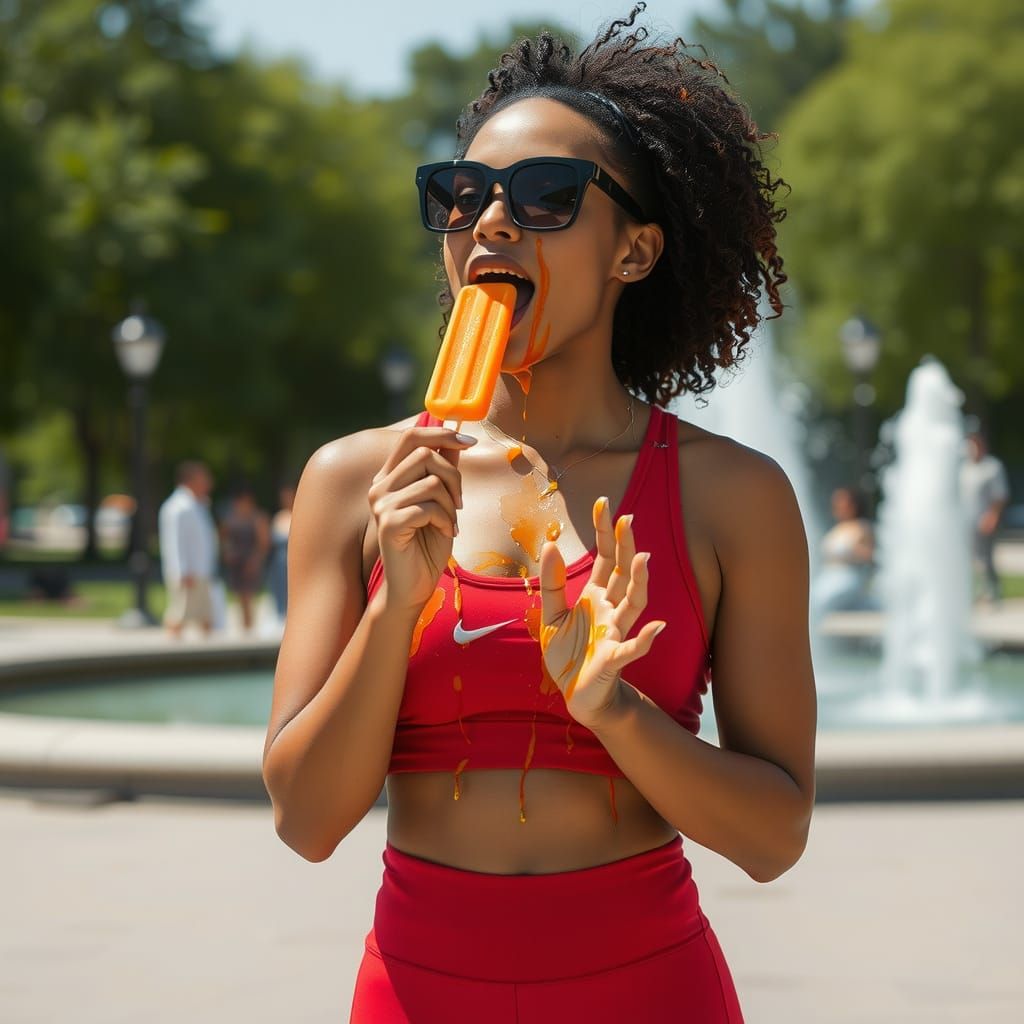 Black Woman Enjoying a Melting Orange Popsicle Outdoors