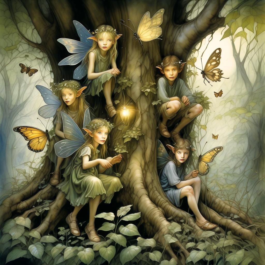 Fairies in Magical Garden with Fireflies