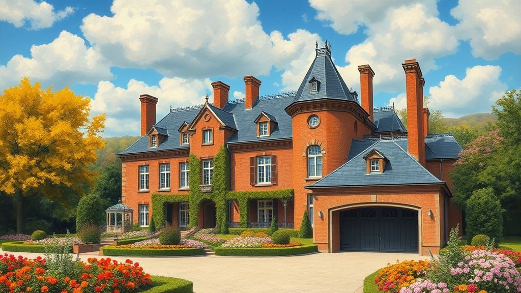 Grand Chateau Amidst Colorful Trees and Flowers