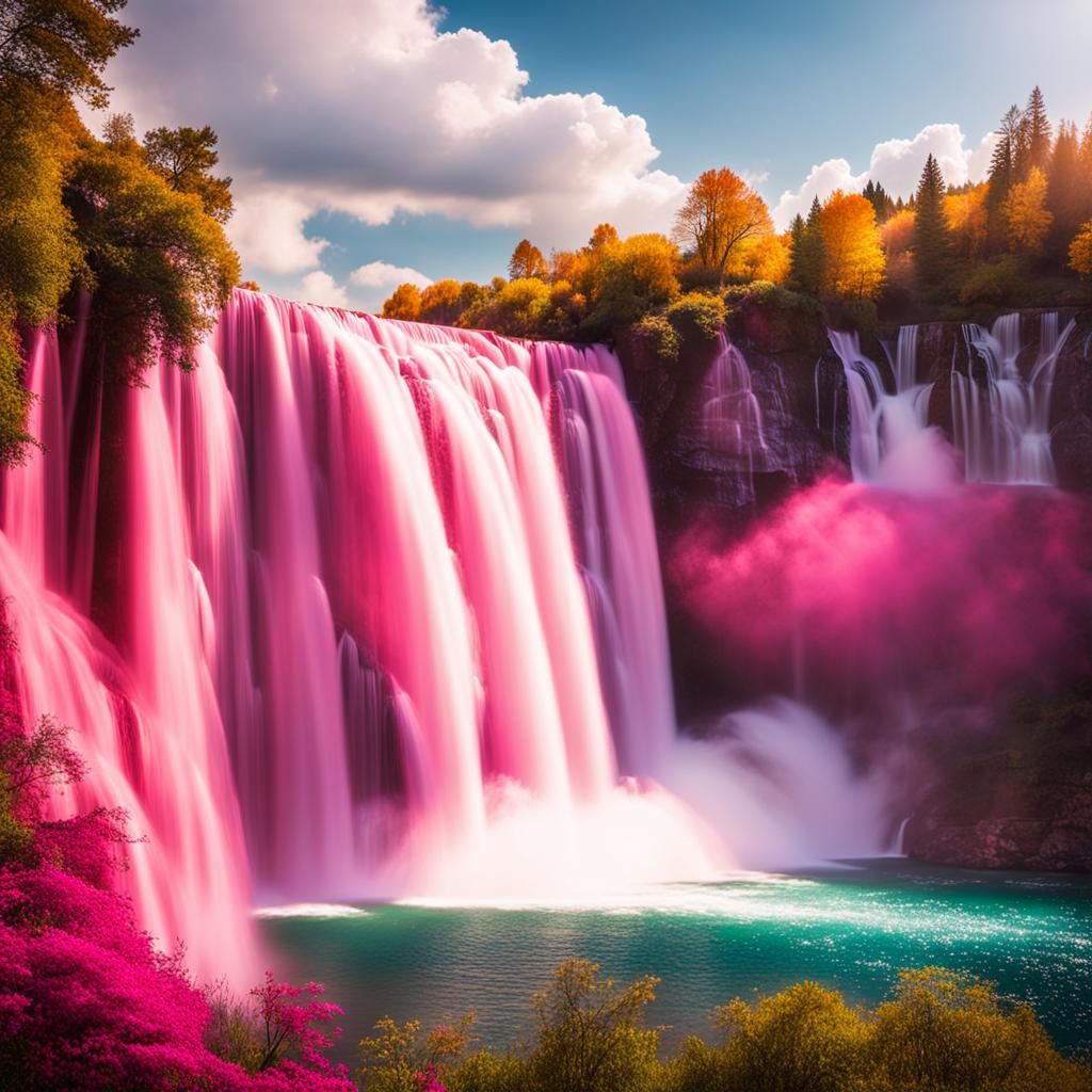 Pink Waterfall and Lake in Professional Photography Style
