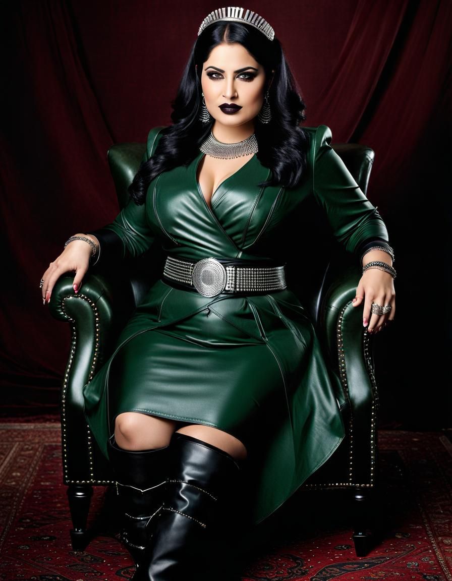 Gothic Middle Eastern Woman Portrait in Dark Green Leather