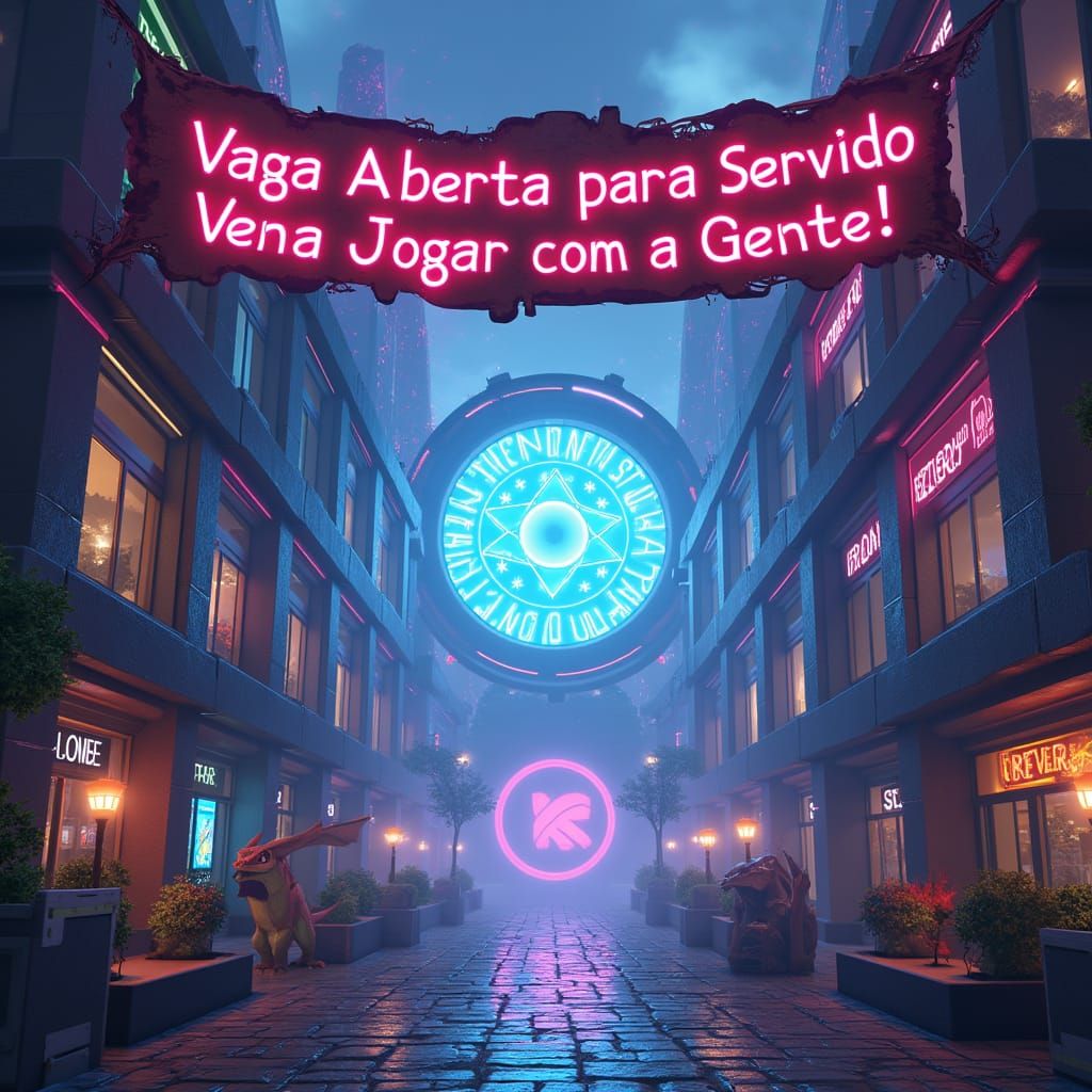 Glowing Minecraft Server Hub in Vibrant Futuristic Cityscape