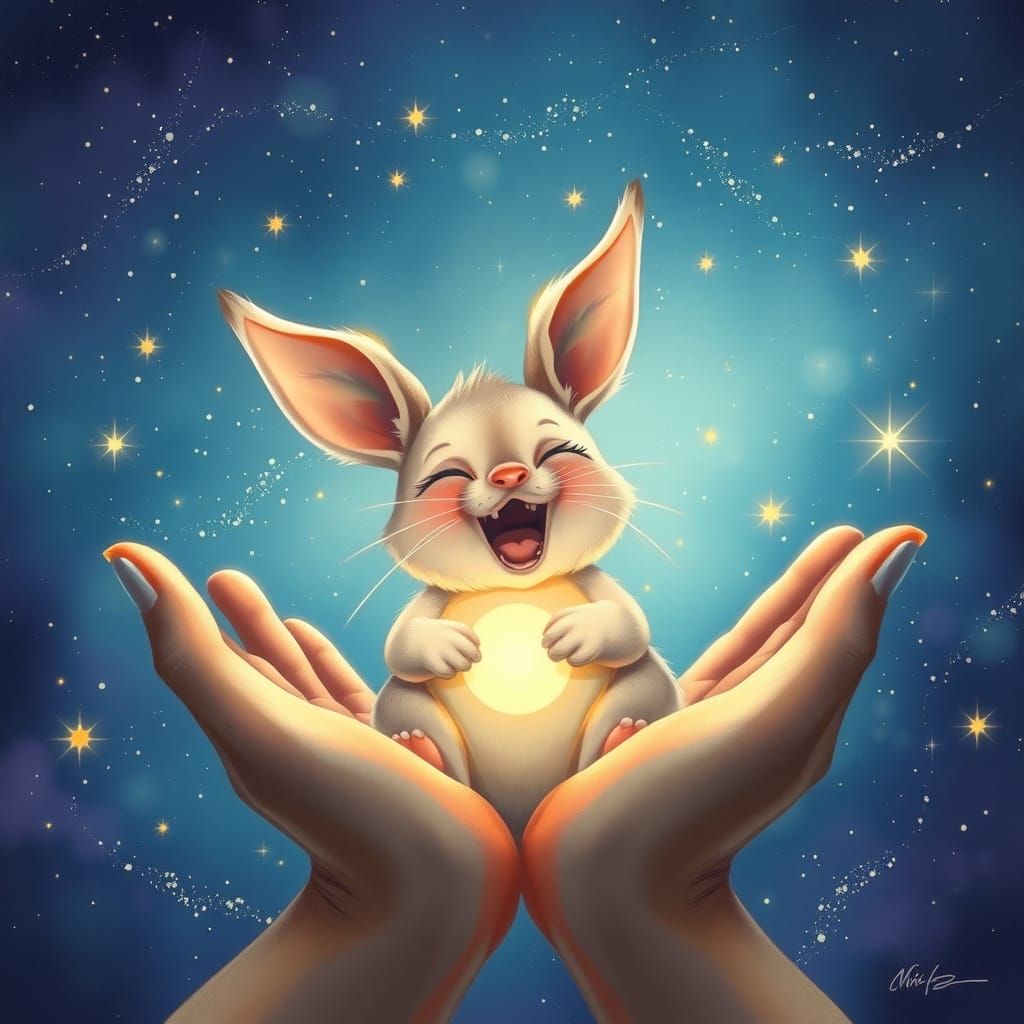 Dreamy Digital Painting of Creature Held in Celestial Hands