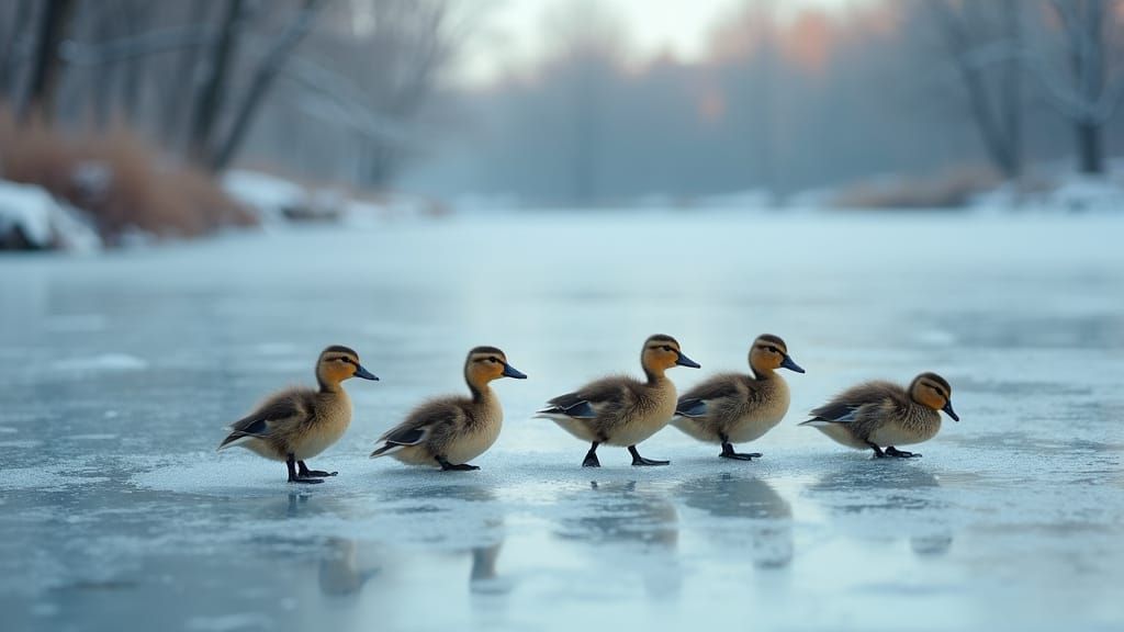 Cute Duck Family Waddles on Stunning Iced Lake