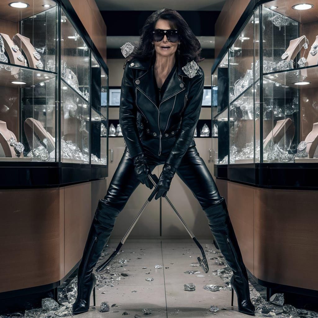 Leather-Clad Jewel Thief Smashing Display Cases