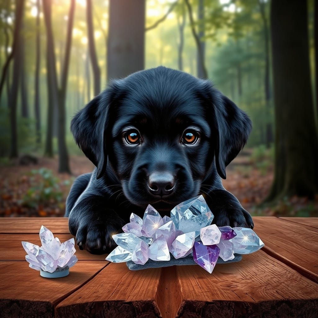 Soulful Black Labrador Puppy in Mystical Forest Setting