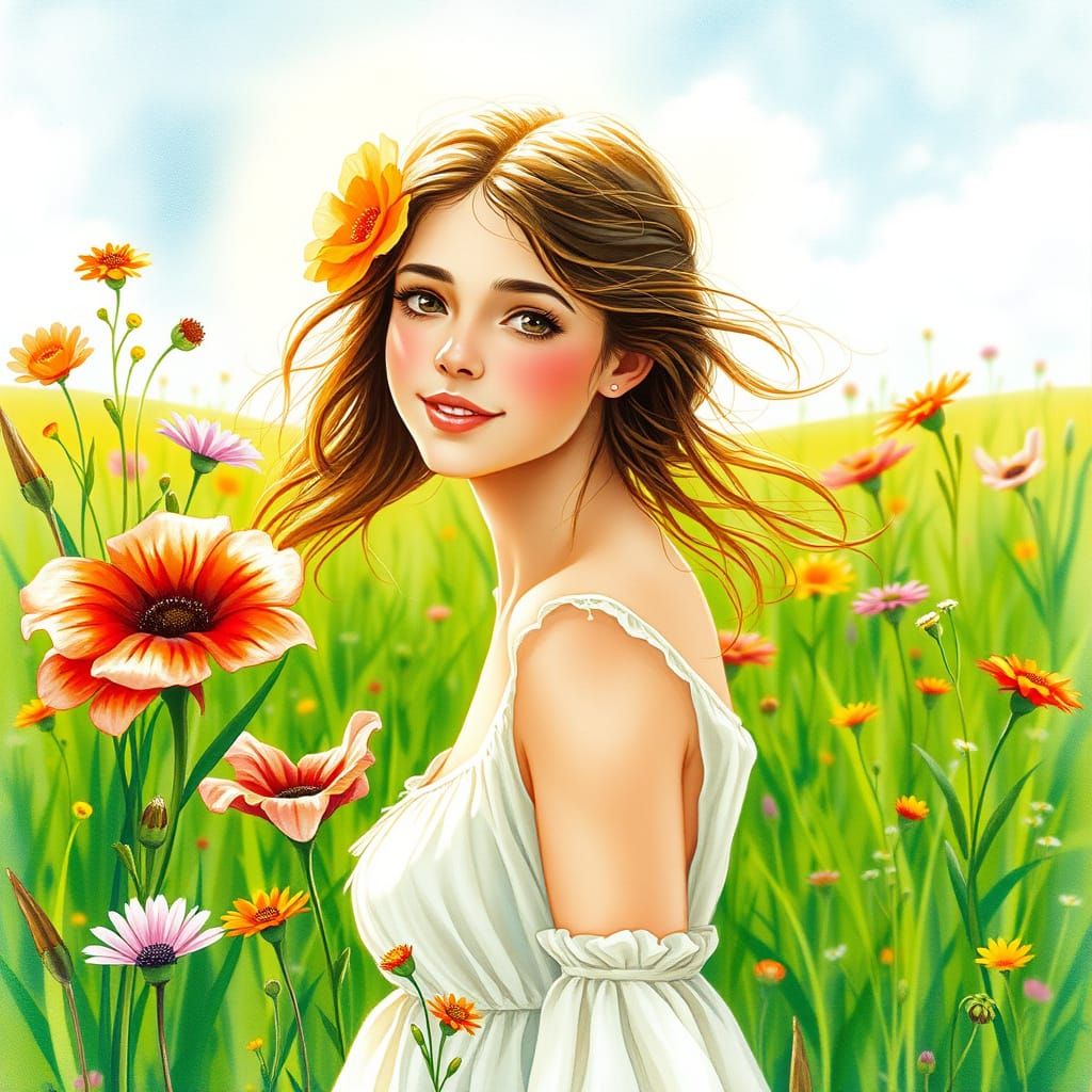 Woman in Meadow: An Art Nouveau Style Portrait