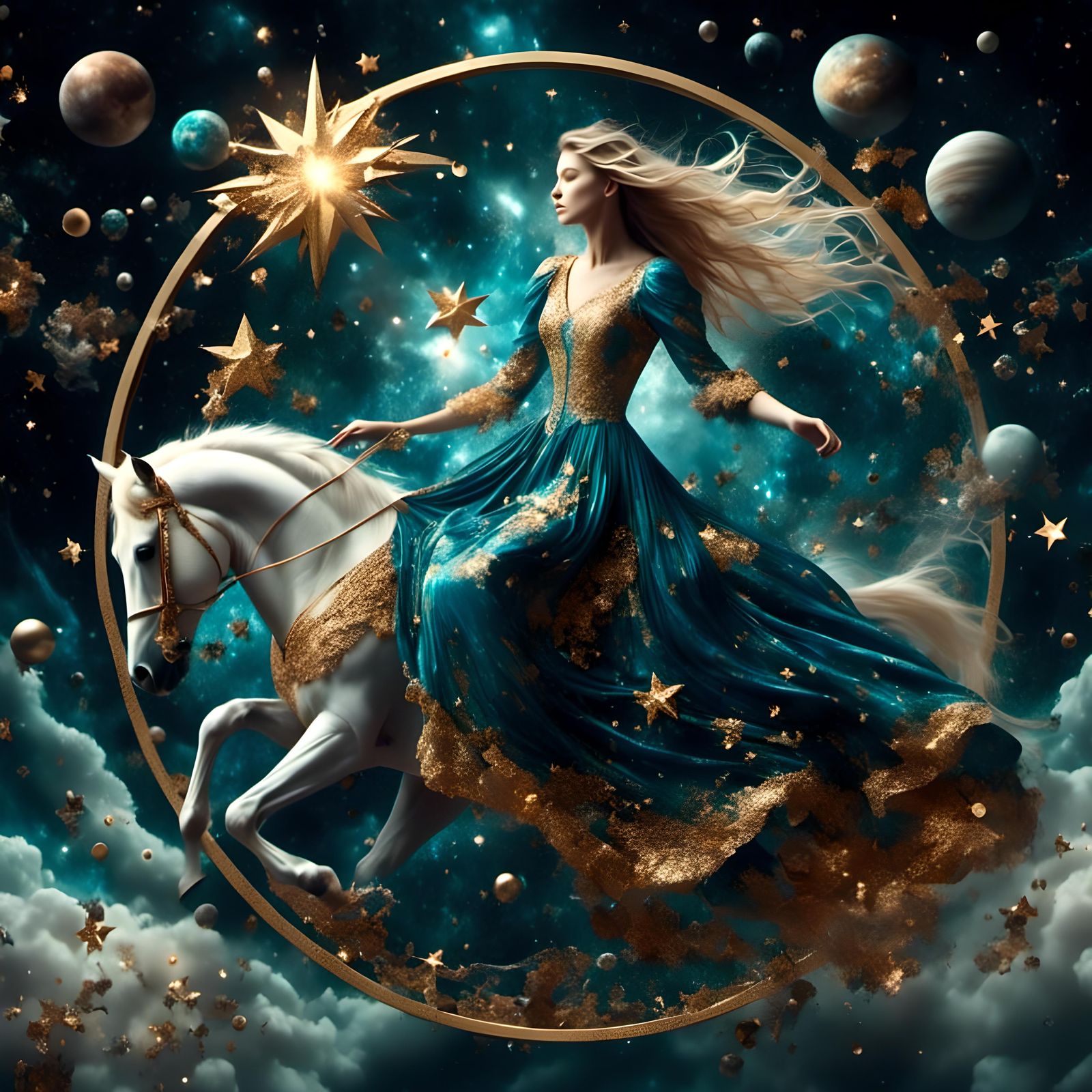 Celestial Woman Controls Galaxy on Cosmic Steed