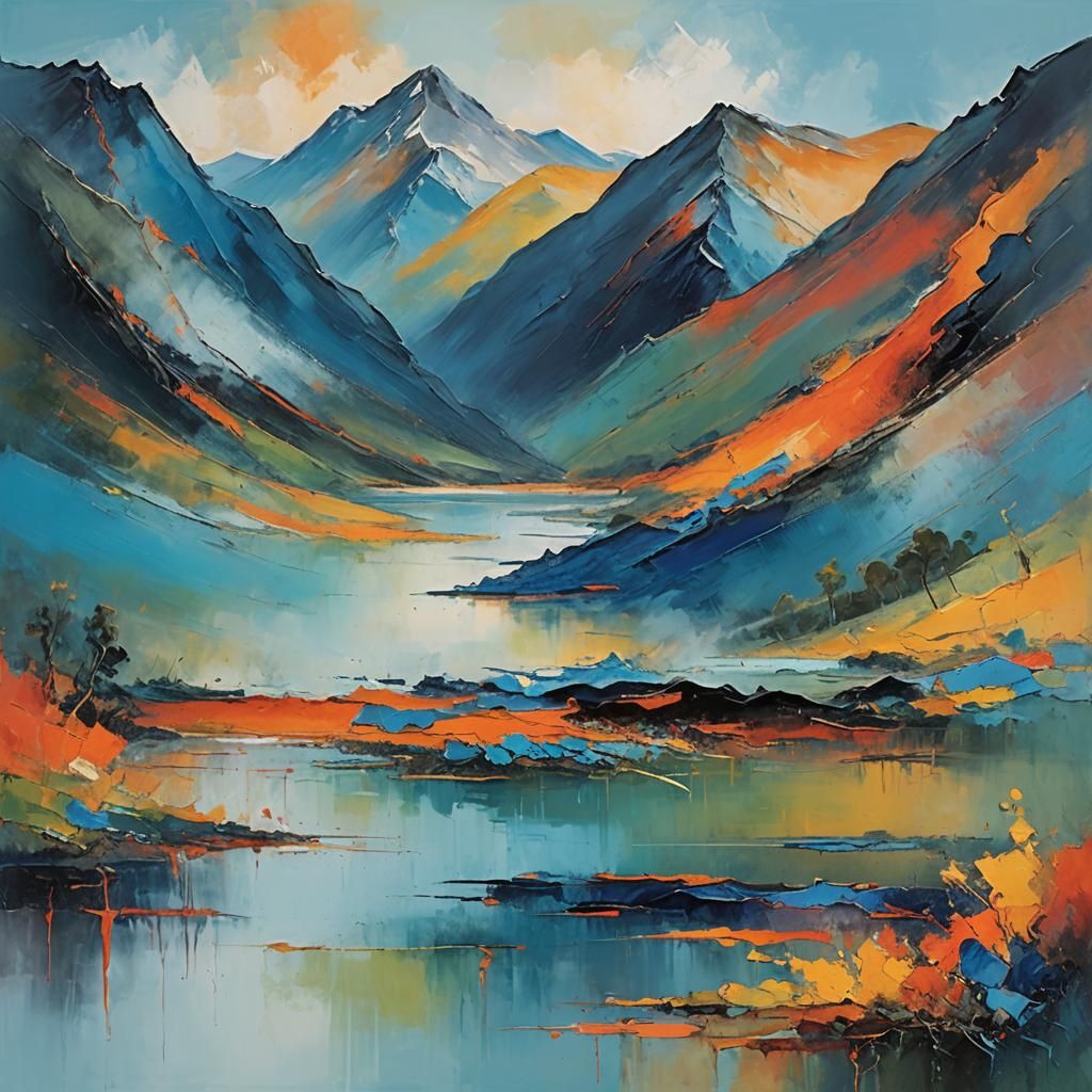 Abstract Expressionist Mountain Lake Landscape