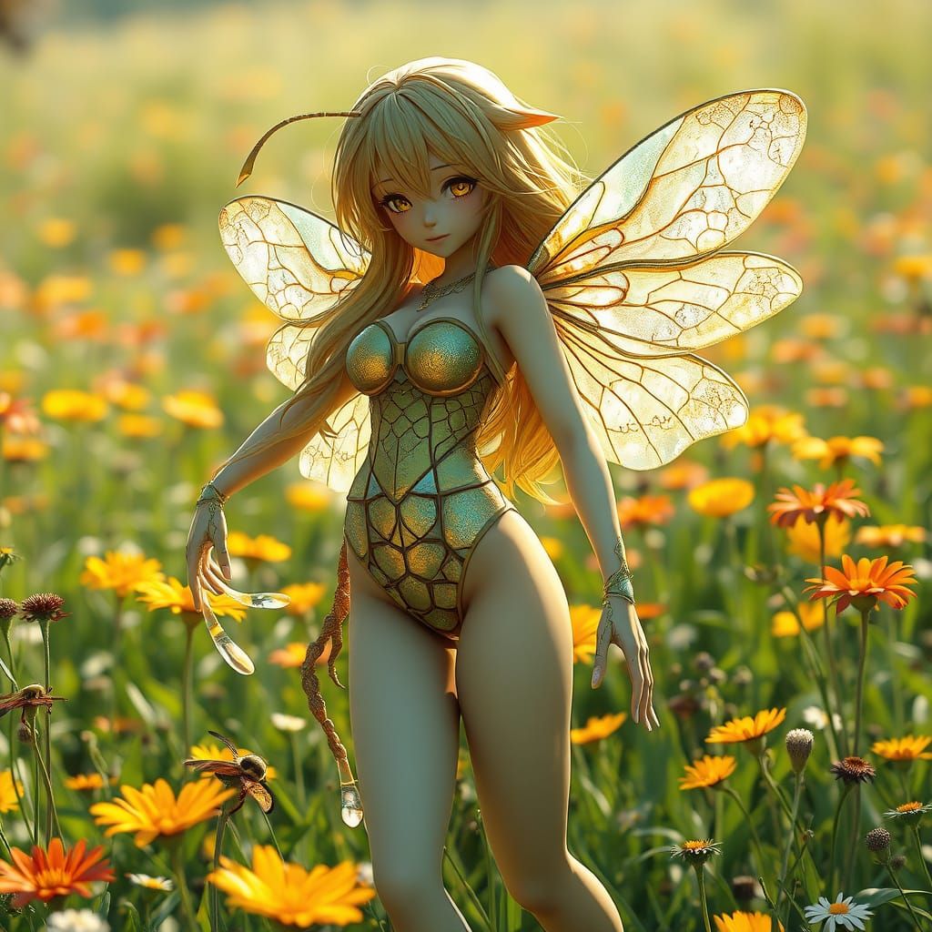 Iridescent Bee Human Goddess in Sunlit Meadow
