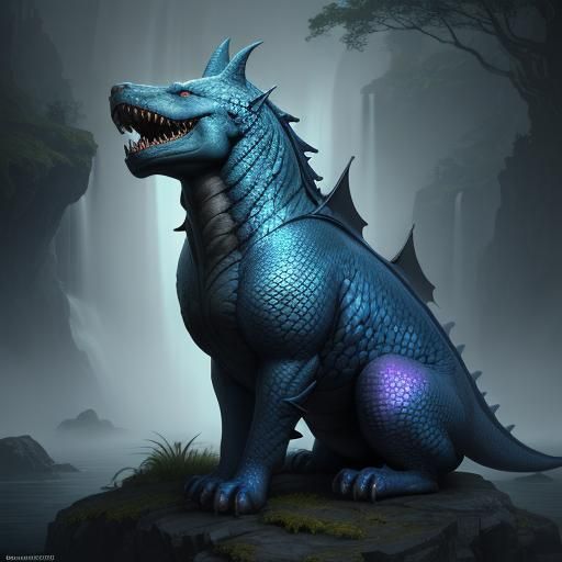 Dog-Cat-Dragon-Shark Hybrid in Dreamlike Waterfall Scene