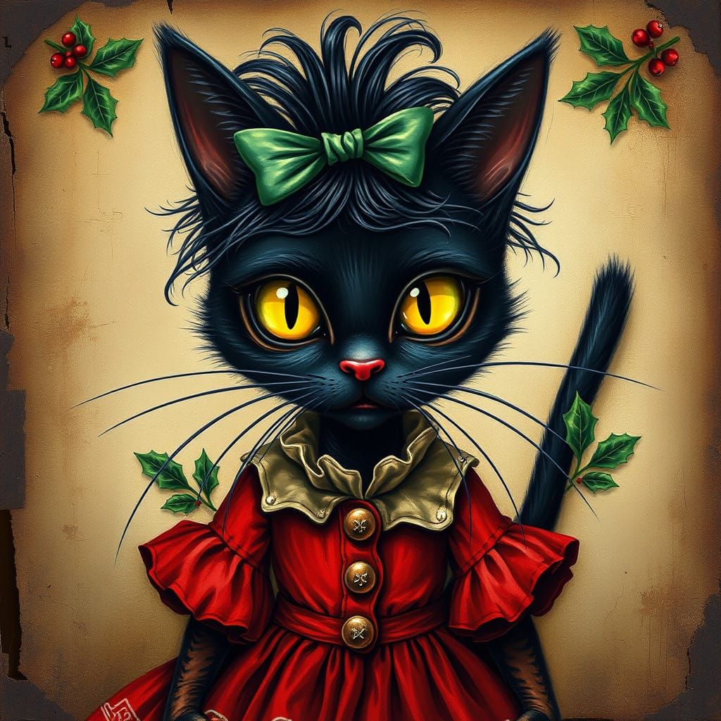 Whimsical Christmas Cat Painting