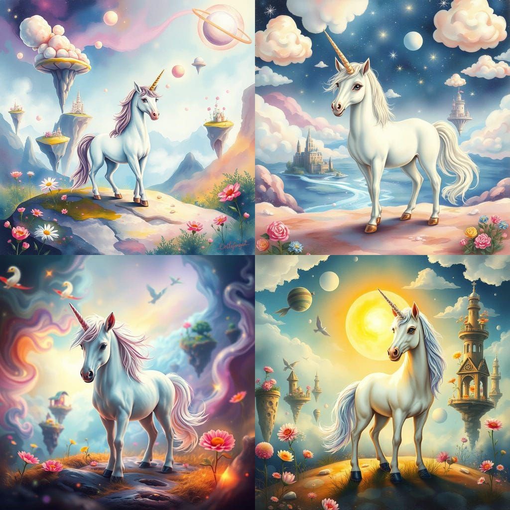 Whimsical Unicorn in Surreal Watercolor Fantasy World
