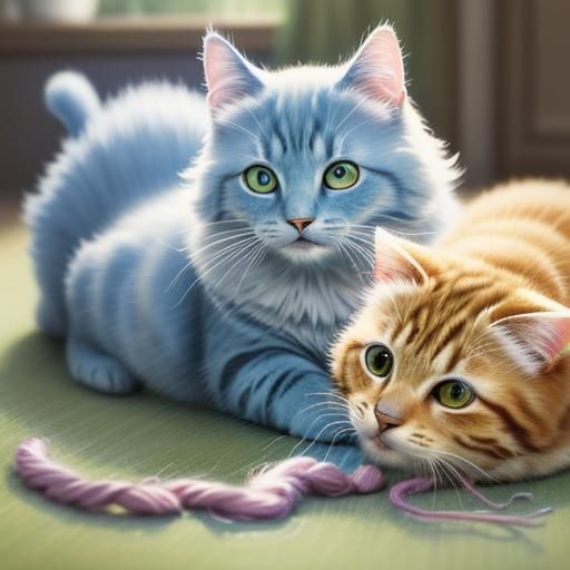 Cats Play with Yarn in Impressionist Style