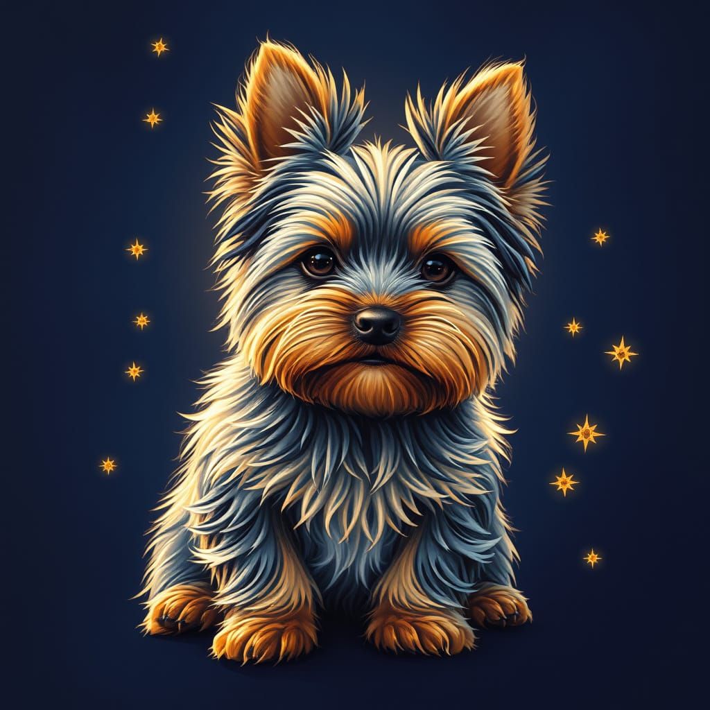 Regal Yorkie Terrier in Golden Light on Navy Background