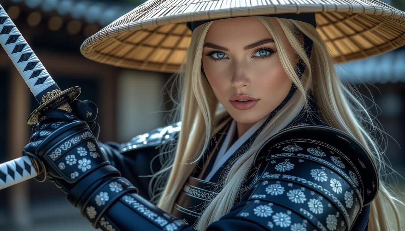 Lady Samurai in Black and White Armor with Katana