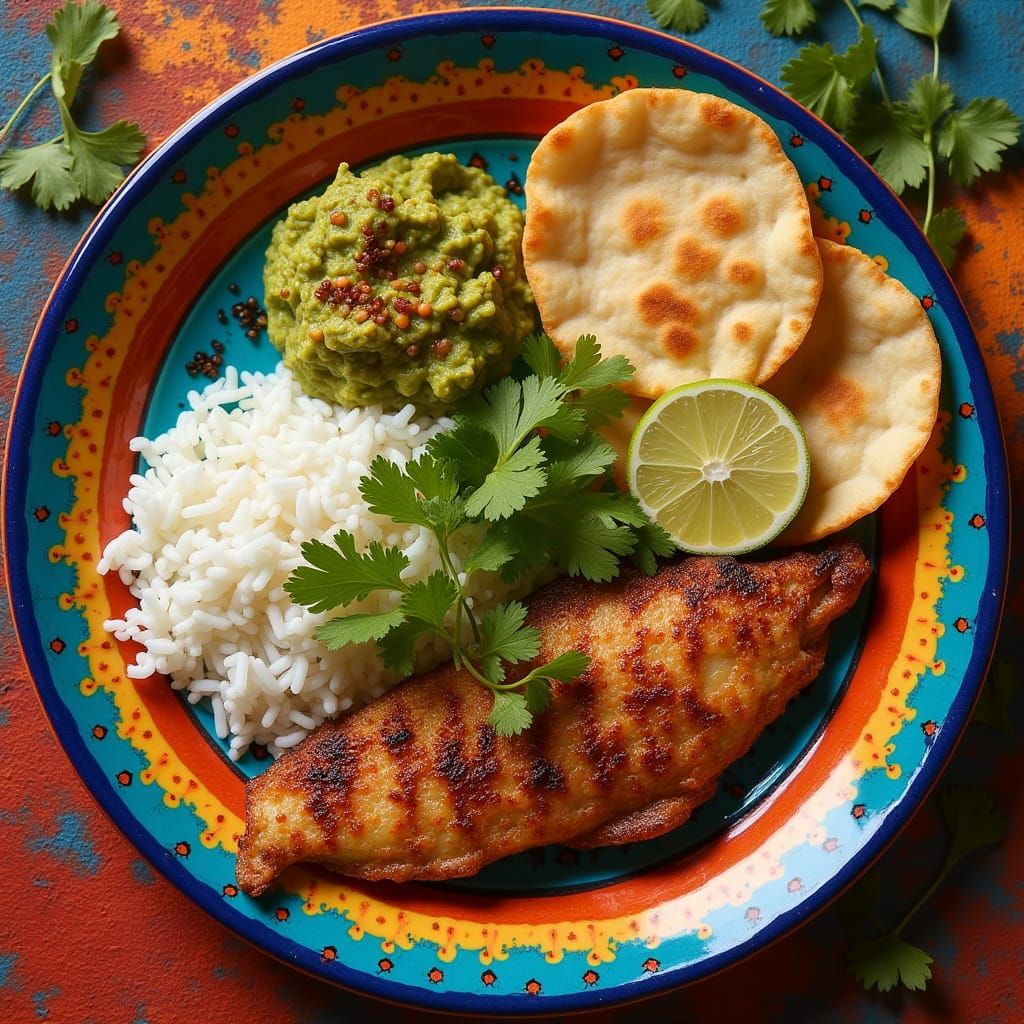 Delicious Latin Dish with Grilled Chicken, Guacamole, and Ch...