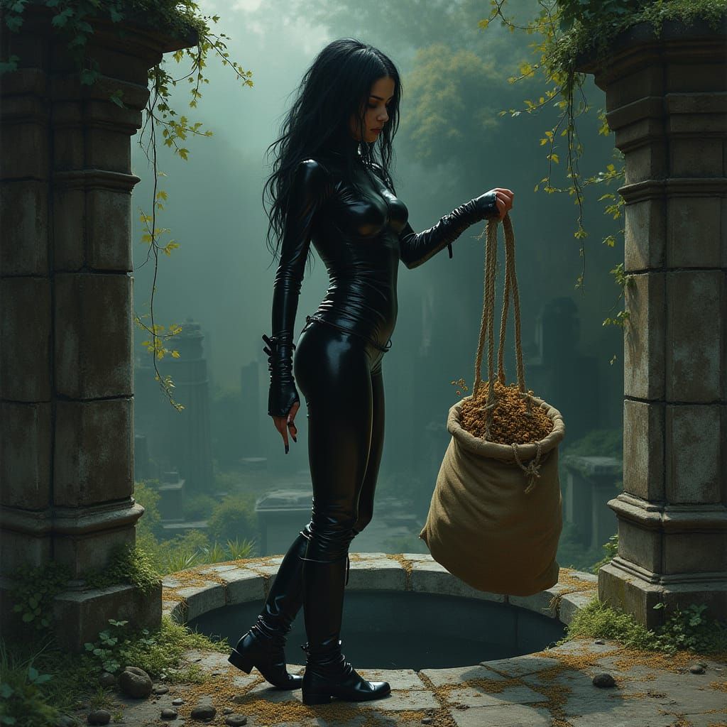Mysterious Woman in Latex Sack Tipping in Ancient Graveyard