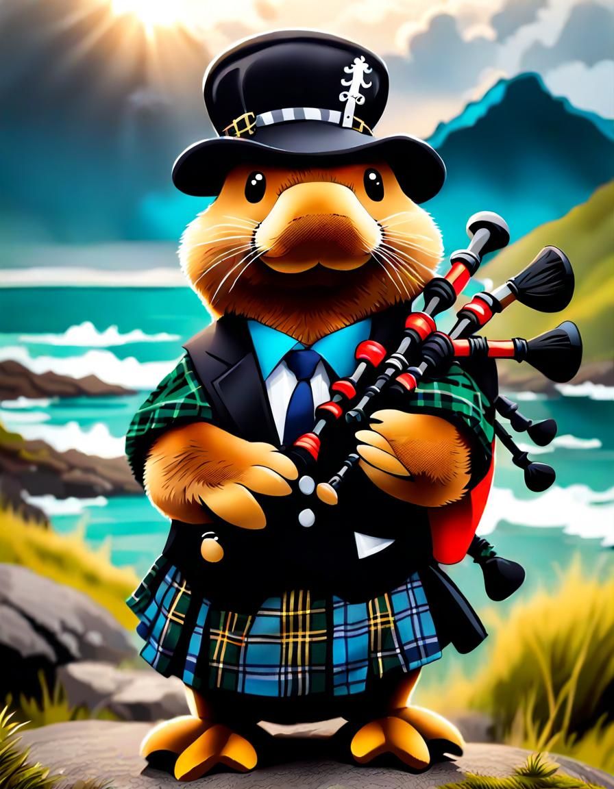 Scottish Platypus Plushie Plays Bagpipes: Illustrated Art