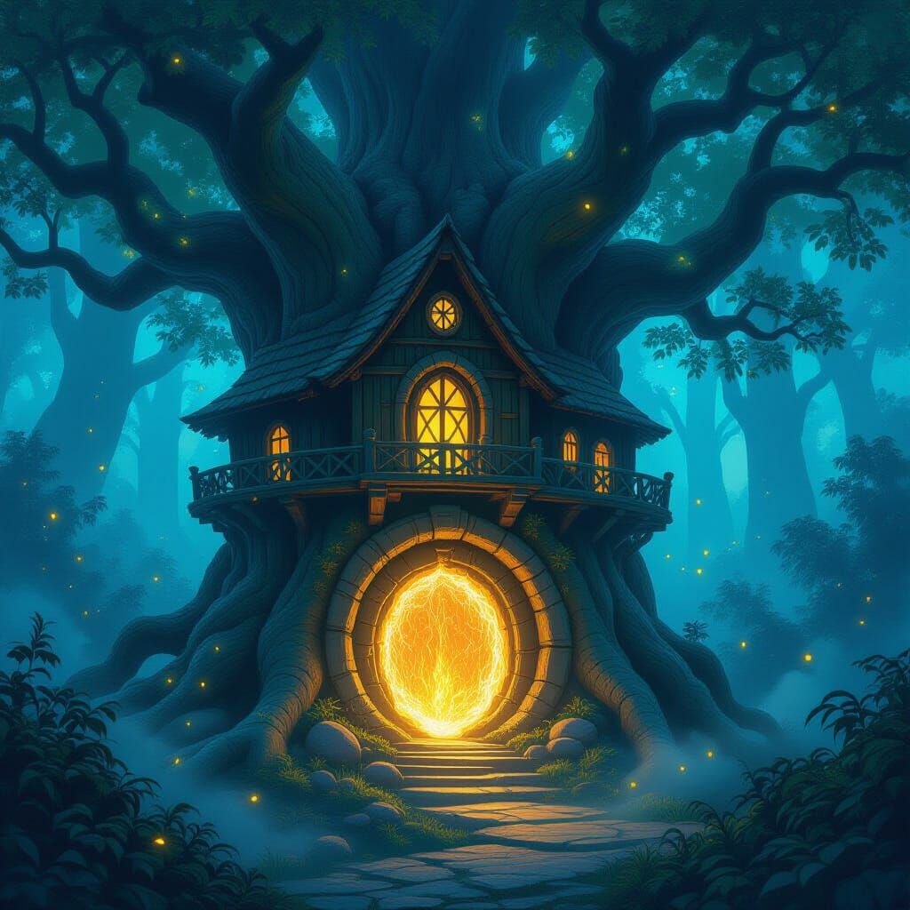 Ancient Treehouse with Glowing Runes in Bioluminescent Fores...