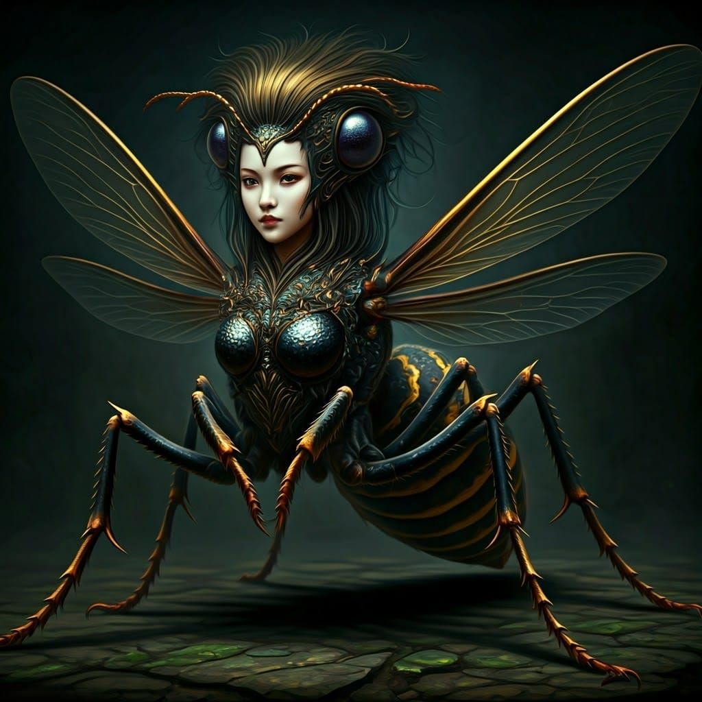 Horrifying Fey Wasp Creature with Woman's Head