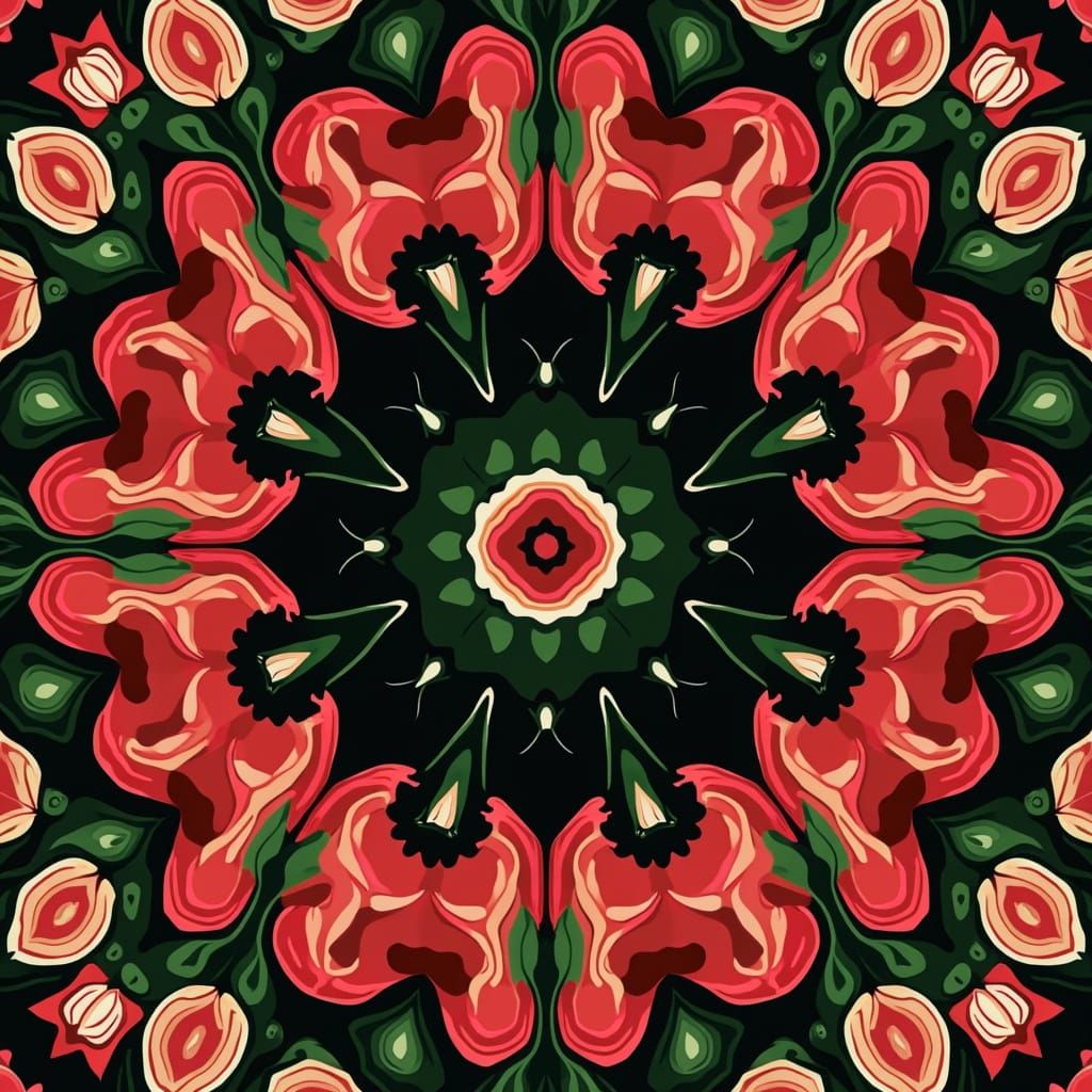 Vibrant Abstract Floral Art in Red, Black, and Green