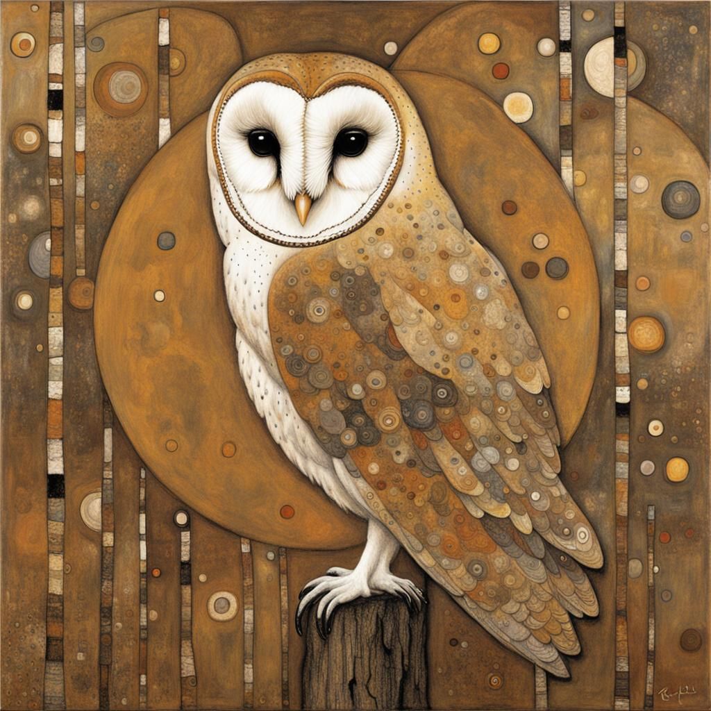 Barn Owl in Earth Tones, Klimt-inspired Art