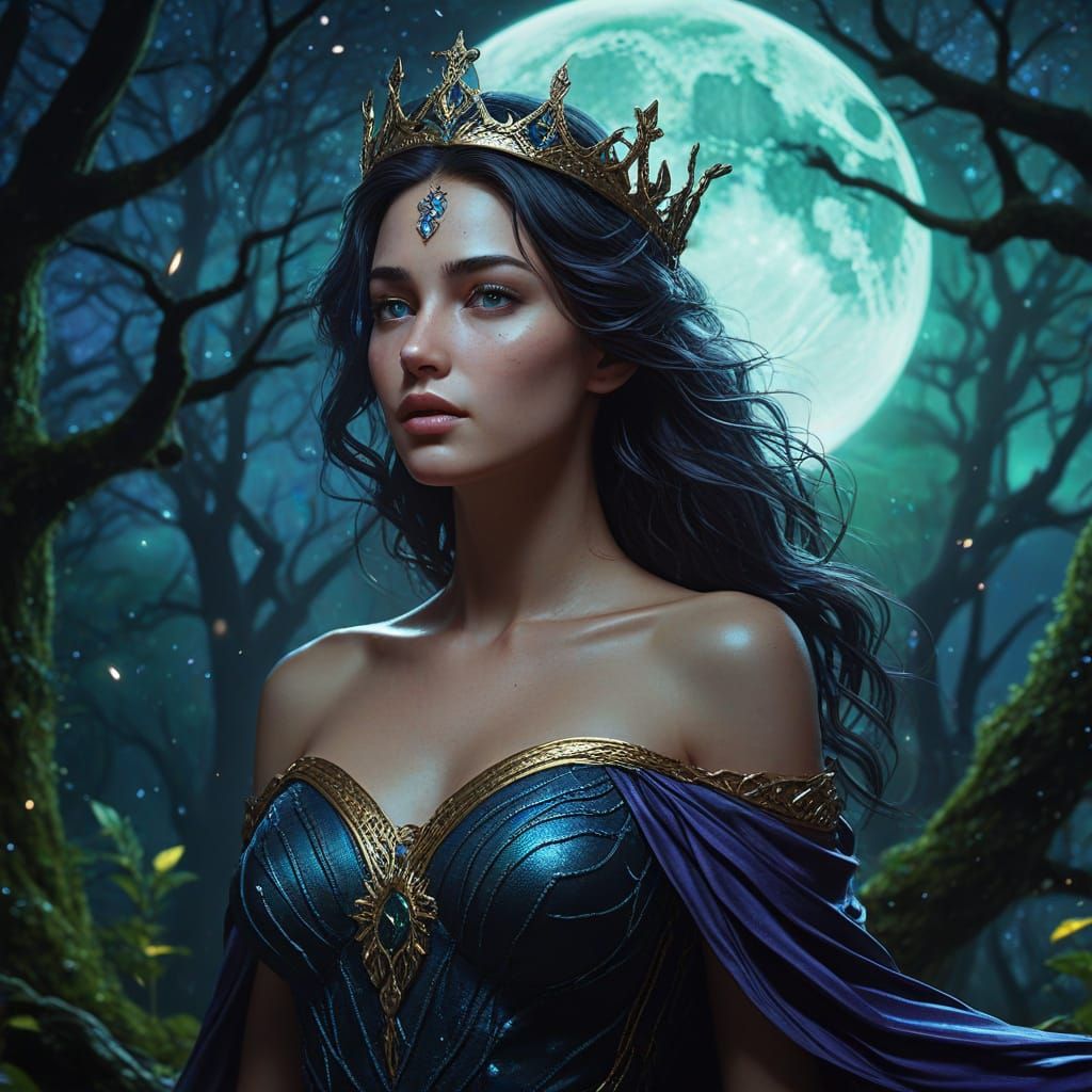 Enchanting Goddess Under the Moonlit Forest