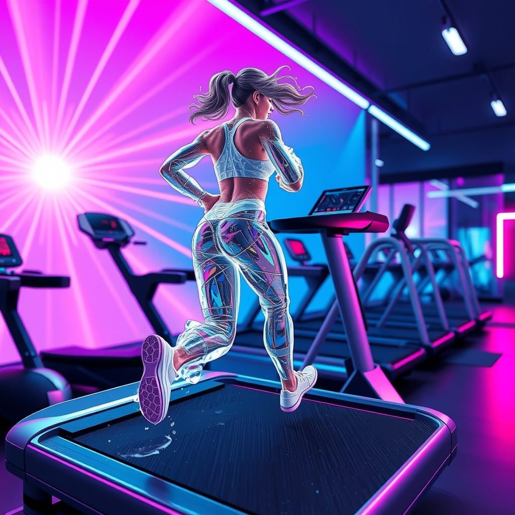 Woman made of solid ice is melting while running on treadmil...