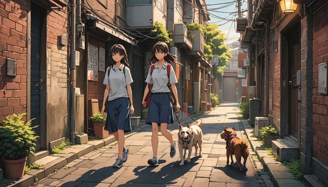 Girl and Dog in Alley: Manga-Style Anime Art