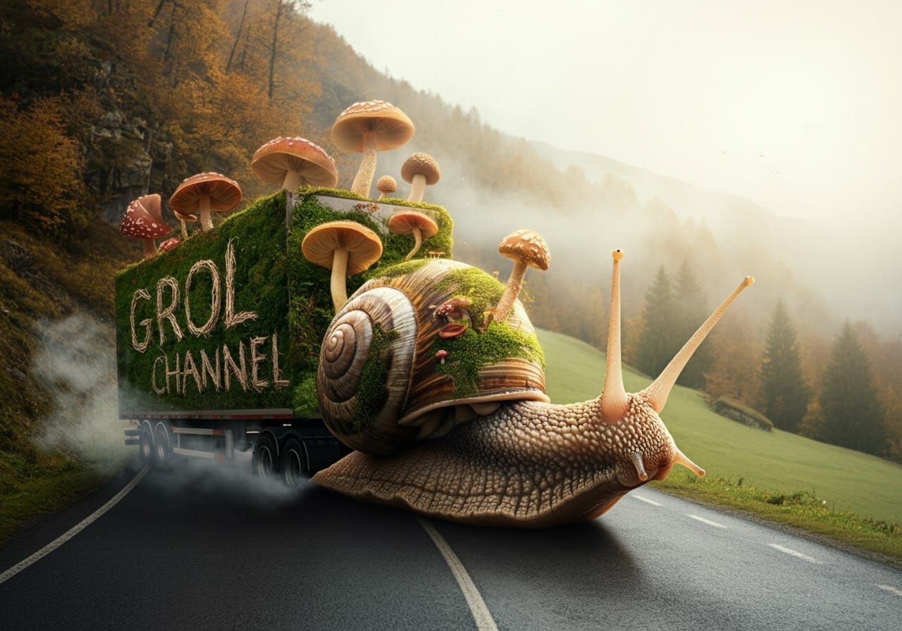 Giant Snail Hauling a Semi-Trailer on Mountain Road