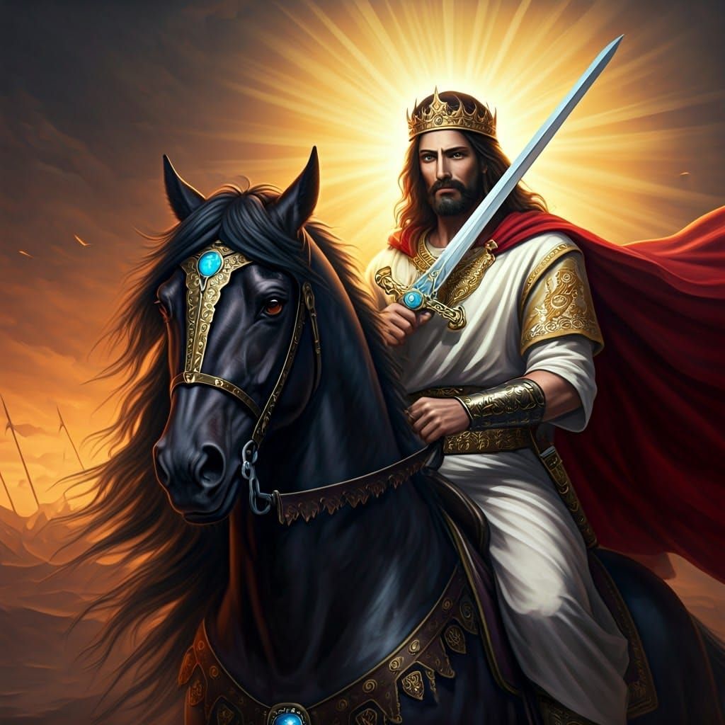 Majestic Jewish King Jesus Rides a War Horse with Golden Swo...