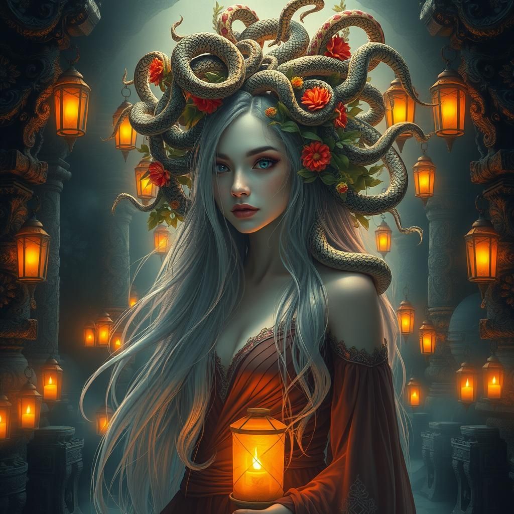 Ethereal Snake-Haired Woman in Ancient Temple Ruins