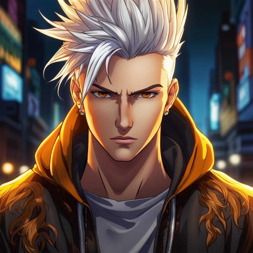 Anime Man with Platinum Hair and Amber Eyes