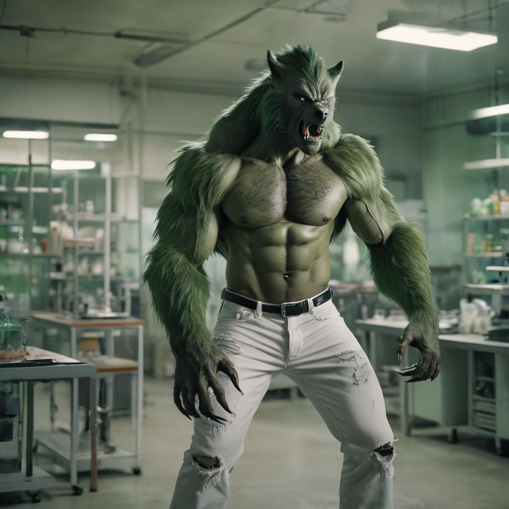 Giant Green Werewolf in Laboratory: Cinematic Film Still