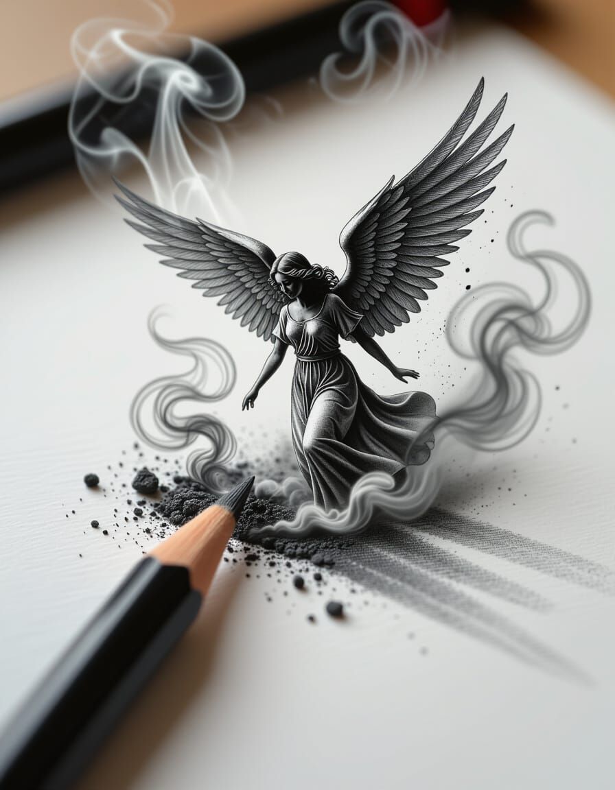 Angel Takes Flight from Graphite Lines in Macro Shot